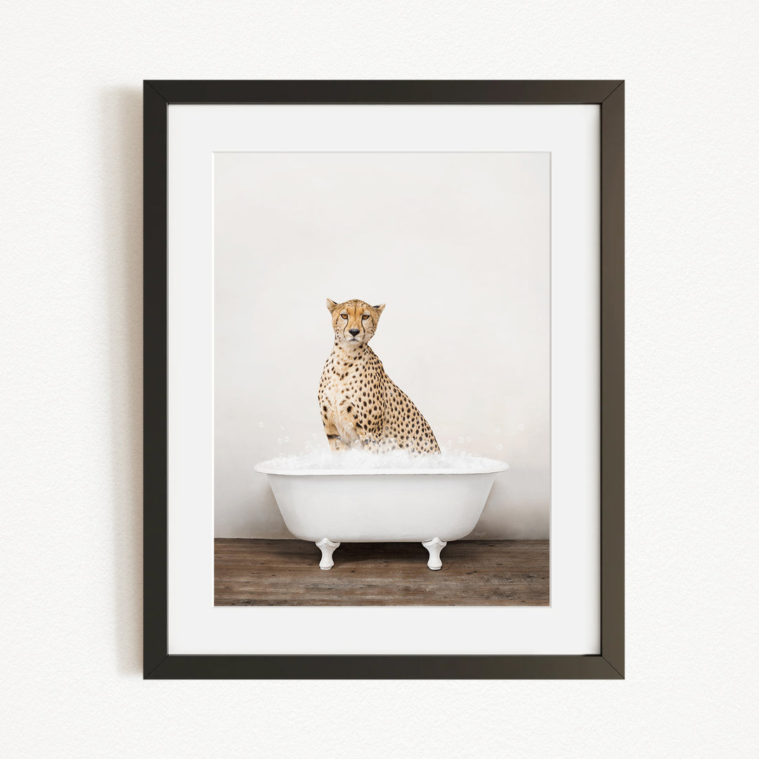 A cheetah sitting in a white bathtub filled with water, creating a playful and whimsical scene.