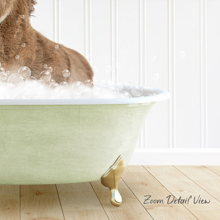 A dog is sitting in a green bathtub filled with bubbles, enjoying a relaxing bath.