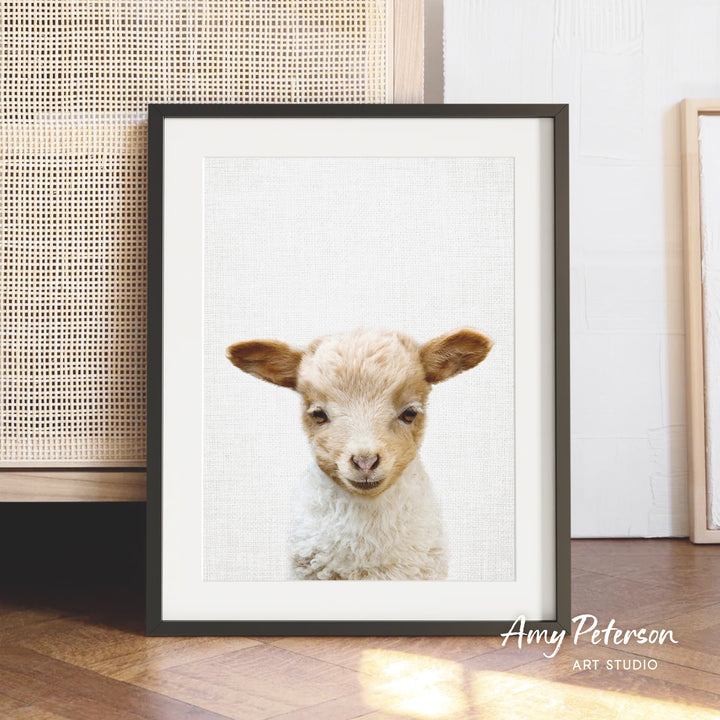 A framed photograph of a lamb is displayed on a wooden floor, with a beige woven basket visible in the background.