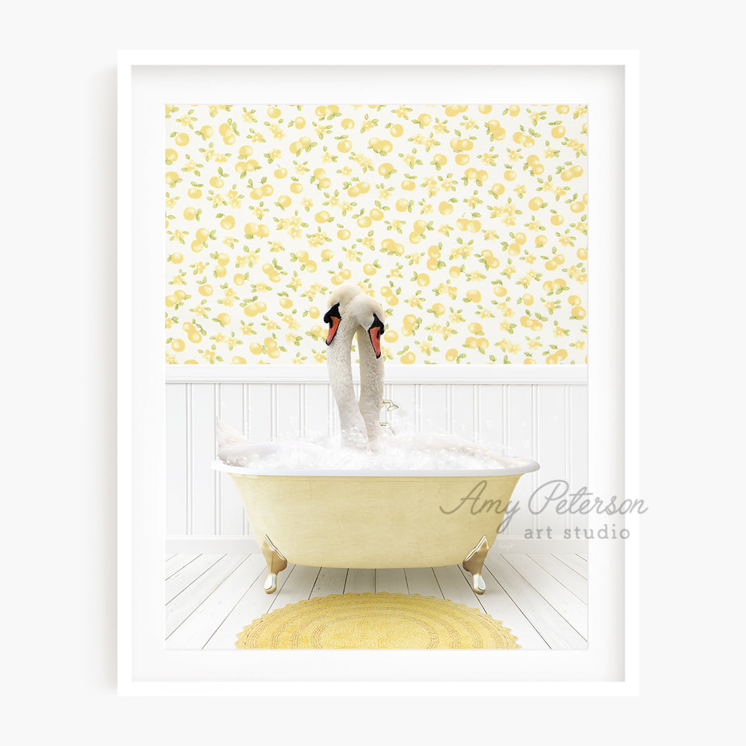 a white swan in a bathtub with a yellow wallpaper