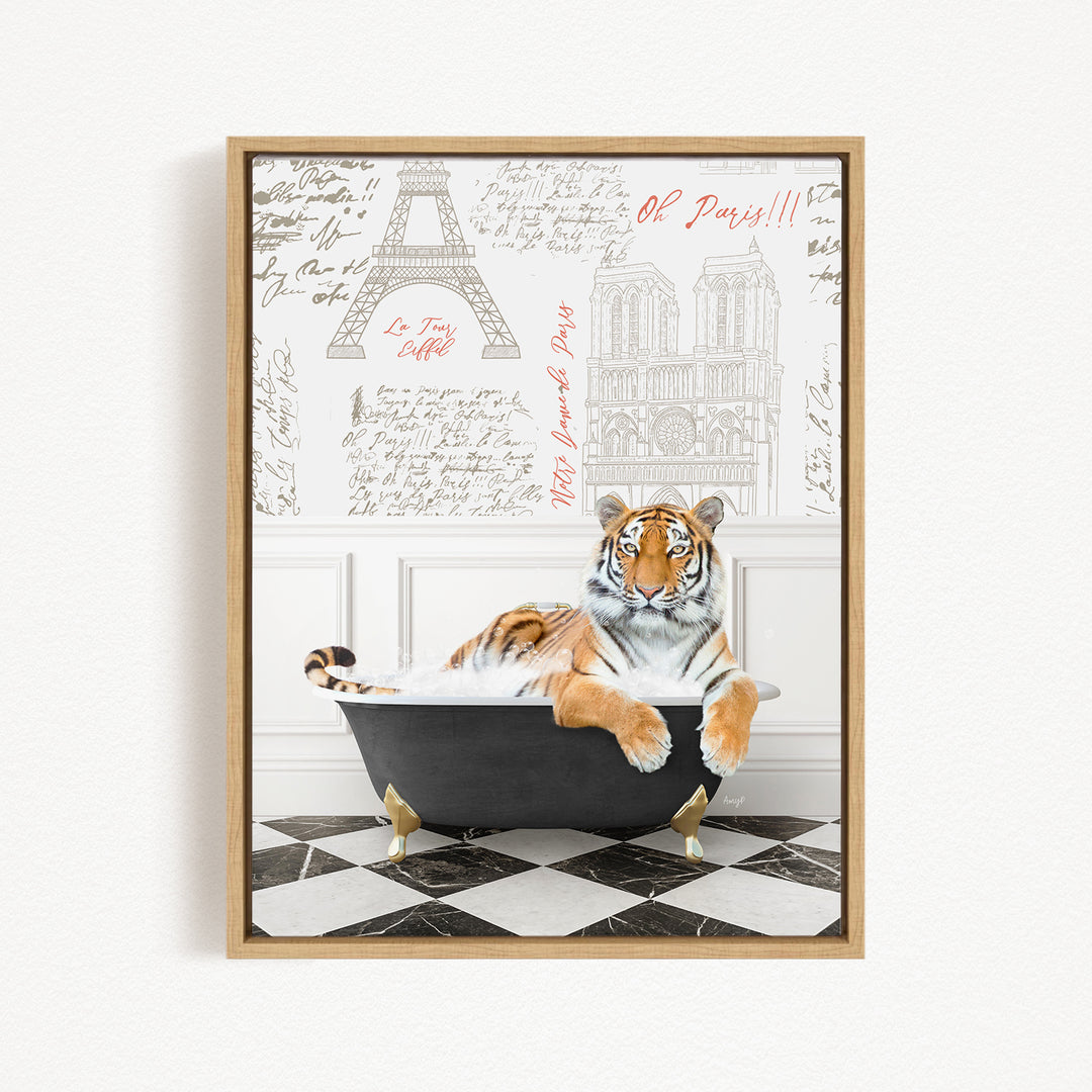 A tiger is sitting in a bathtub, surrounded by various texts and illustrations, including the Eiffel Tower and other landmarks.