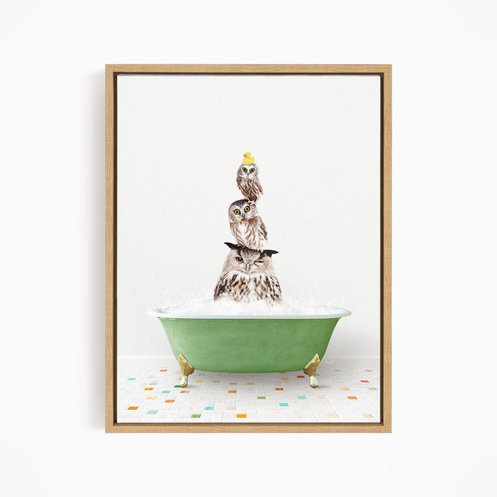 A framed image depicting three owls sitting in a green bathtub filled with bubbles, with one of the owls wearing a yellow hat.