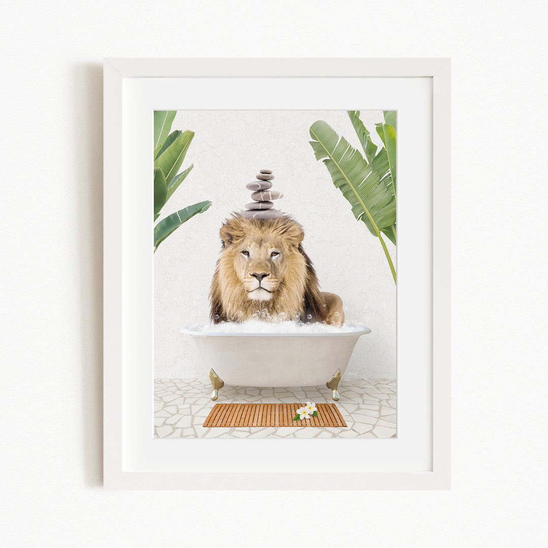 A lion is sitting in a bathtub filled with water, surrounded by tropical plants and rocks, creating a whimsical and relaxing scene.