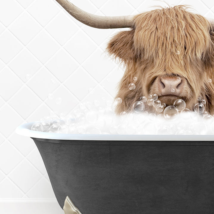 a hairy cow is sitting in a bubble bath