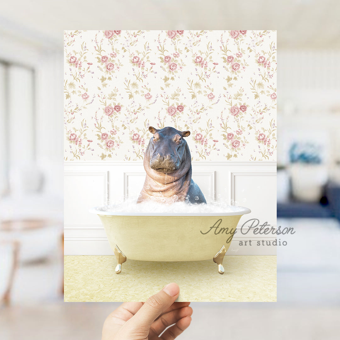 a hippo sitting in a bathtub with a flowered wallpaper behind it