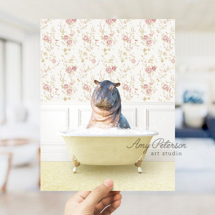 a hippo sitting in a bathtub with a flowered wallpaper behind it