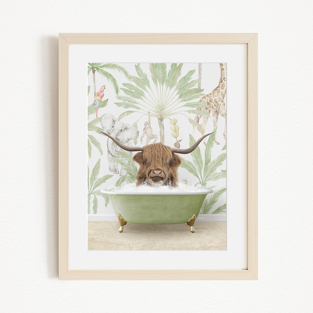 A framed illustration depicting a cow with long horns sitting in a green bathtub, surrounded by various animals and plants.