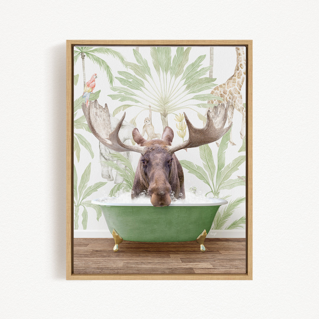 A moose is sitting in a green bathtub, surrounded by tropical foliage and animals, creating a whimsical and playful scene.