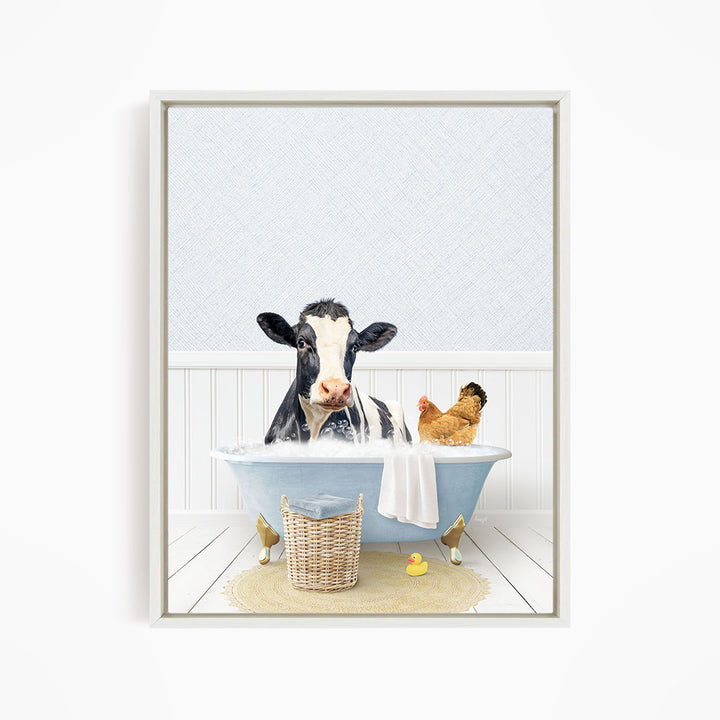 A cow is sitting in a bathtub filled with water, surrounded by a chicken and a rubber duck, creating a whimsical and playful scene.