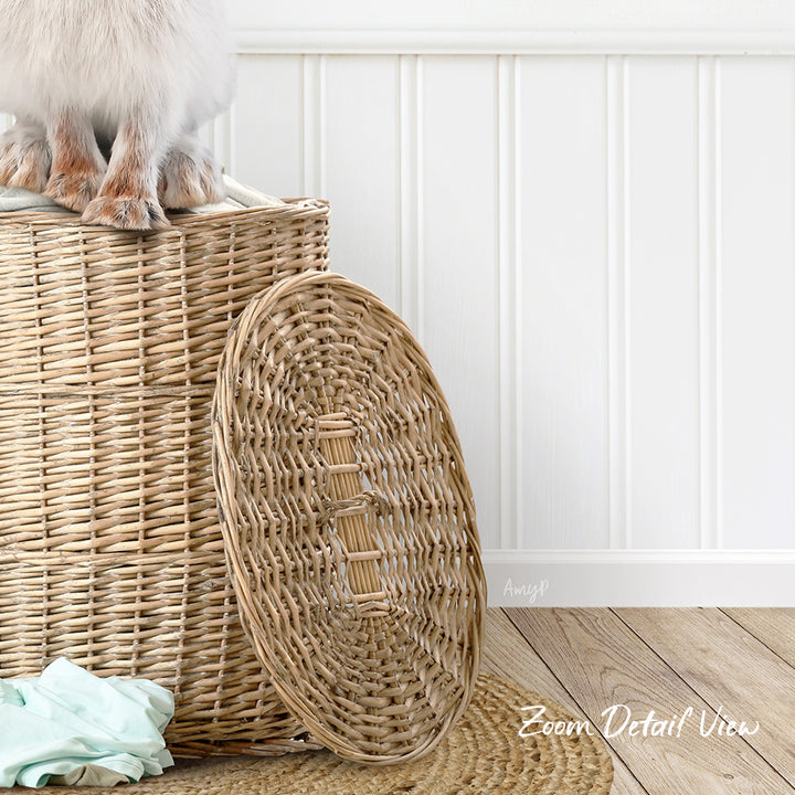 A white cat sitting on top of a woven basket, with a round lid on the basket.