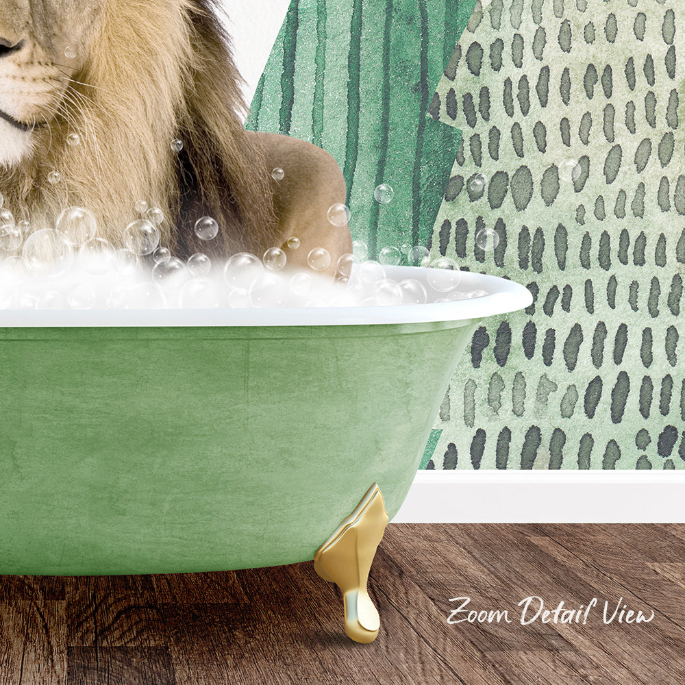 A lion is sitting in a green bathtub filled with bubbles, with a patterned wall in the background.