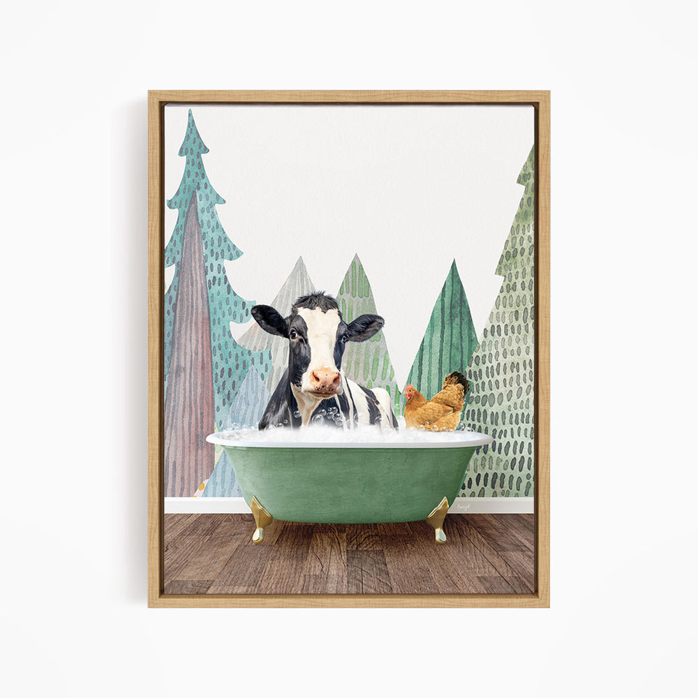 A cow is sitting in a green bathtub, surrounded by a chicken and pine trees in the background.