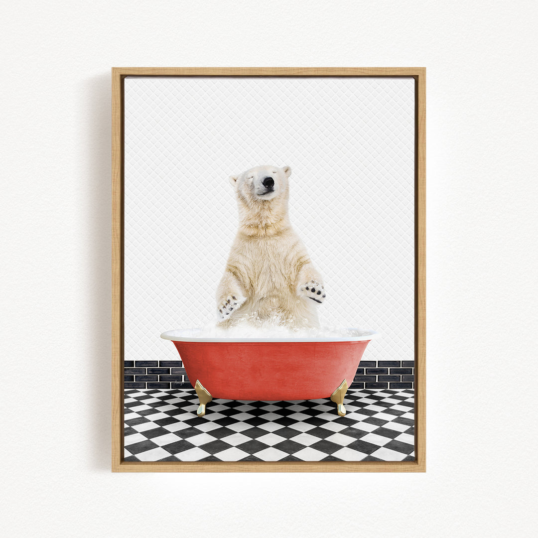 A polar bear standing in a red bathtub filled with water, with a black and white checkered floor in the background.