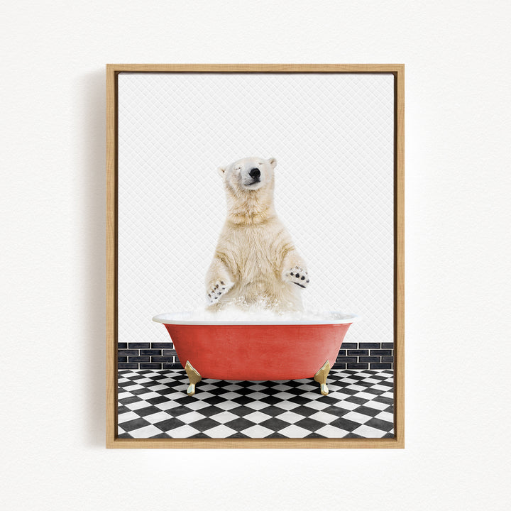 A polar bear standing in a red bathtub filled with water, with a black and white checkered floor in the background.