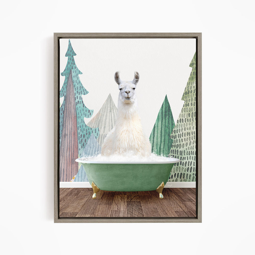 A white llama sitting in a green bathtub, surrounded by a forest-themed background.