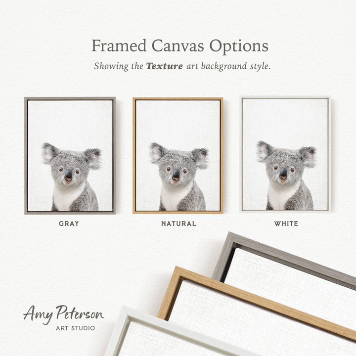 three framed canvas options, each with a different background color: gray, natural, and white. The text above the images reads " Framed Canvas Options" and "Showing the Texture art background style."