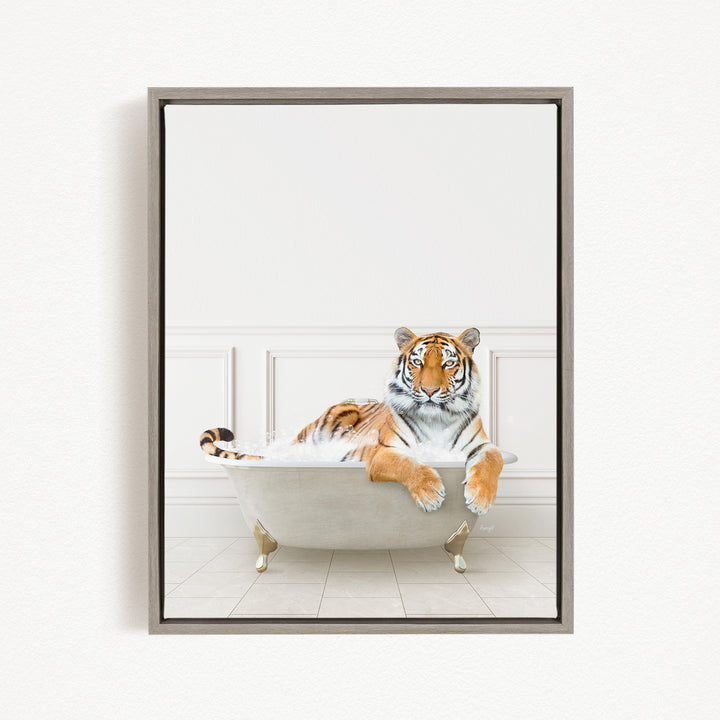 A tiger is sitting in a bathtub filled with water, appearing relaxed and enjoying the experience.