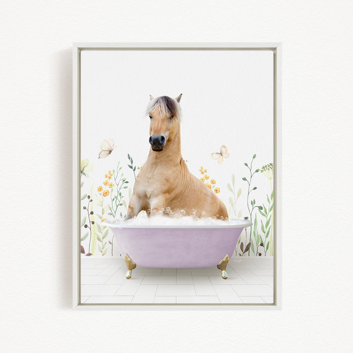 A light brown horse is sitting in a purple bathtub filled with bubbles, surrounded by flowers and butterflies.