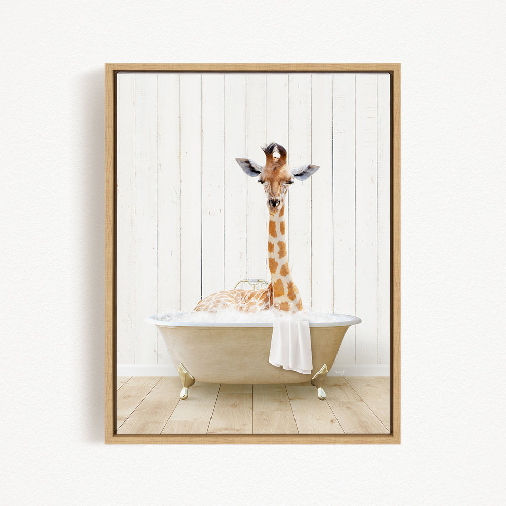 A giraffe is sitting in a bathtub filled with water, creating a whimsical and playful scene.