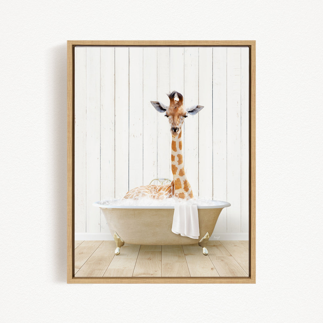A giraffe is sitting in a bathtub filled with water, creating a whimsical and playful scene.