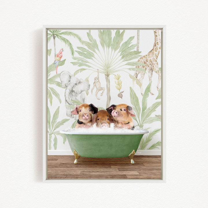 A framed image depicting three pigs sitting in a green bathtub, surrounded by a tropical wallpaper with various animals and plants.