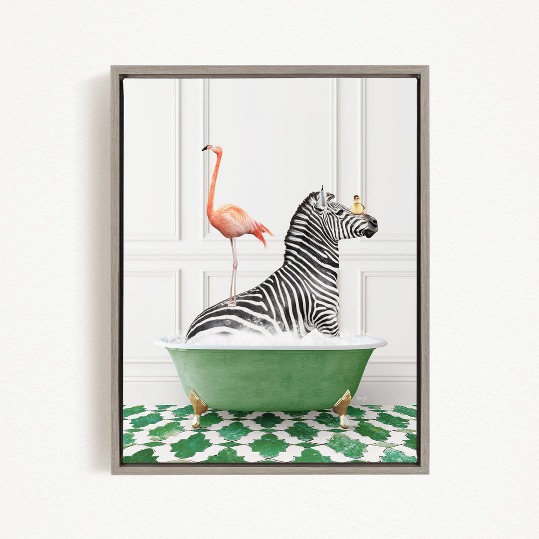 A zebra is sitting in a green bathtub, with a pink flamingo standing on its back.