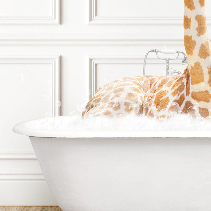 a giraffe sticking its head out of a bathtub