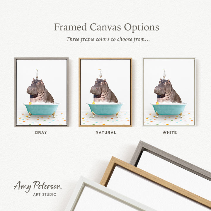 three framed canvas options featuring a hippopotamus sitting in a bathtub, each with a different frame color: gray, natural, and white.