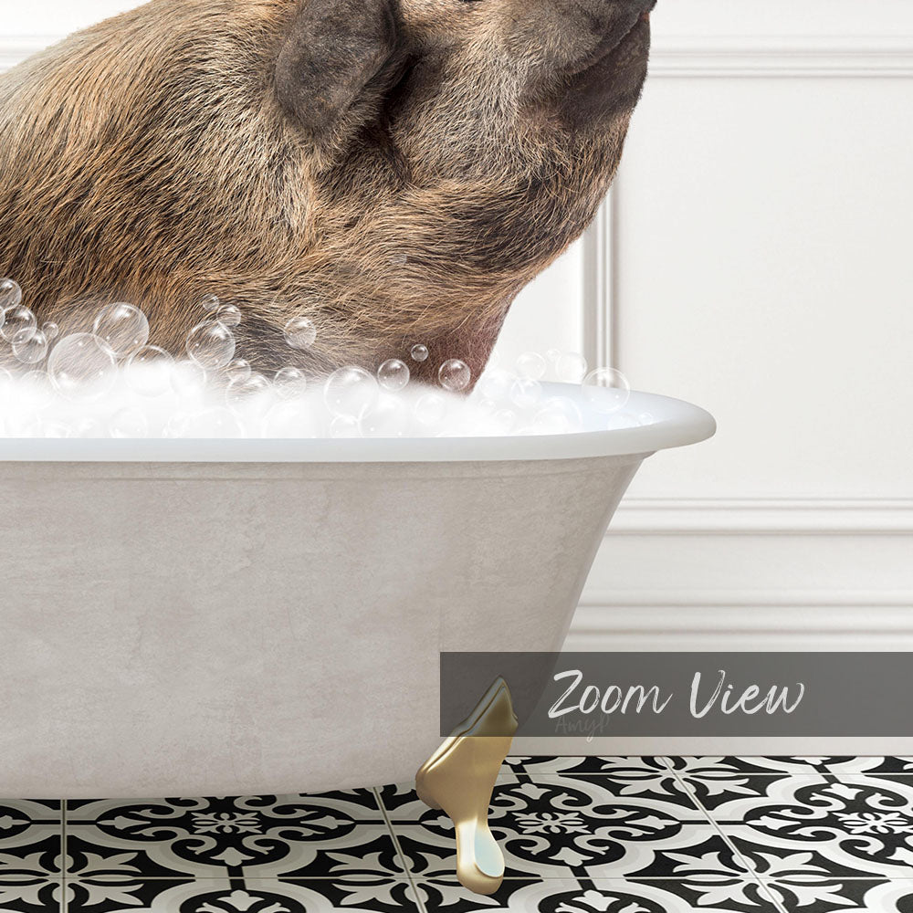 A pig is standing in a bathtub filled with bubbles, enjoying a bath.