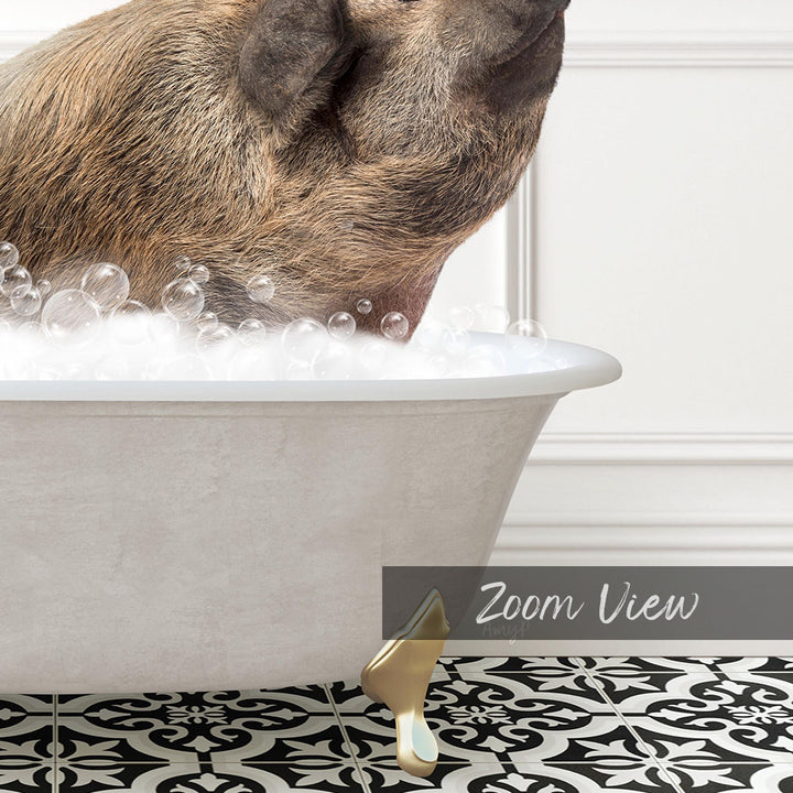 A pig is standing in a bathtub filled with bubbles, enjoying a bath.