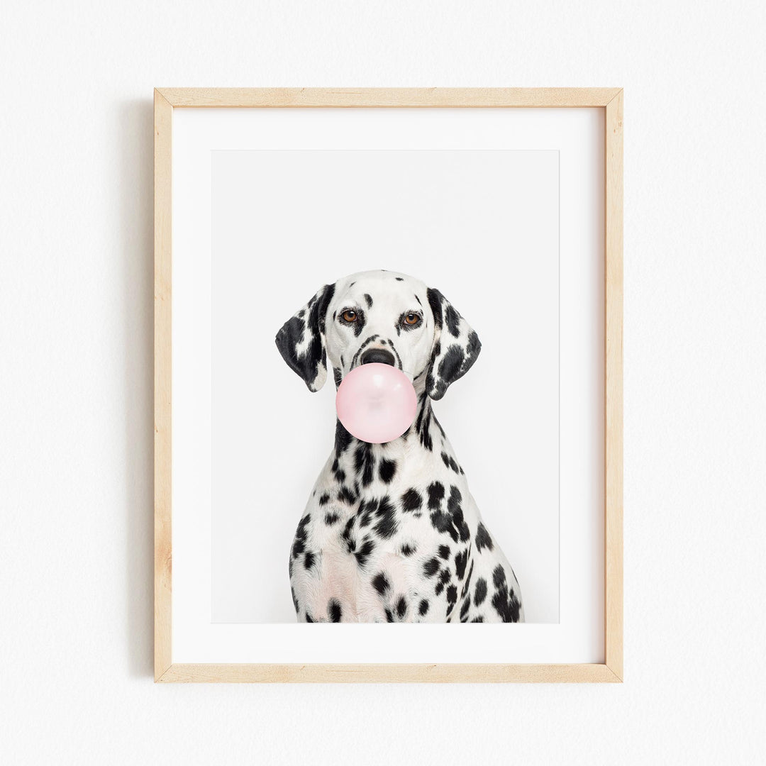 a dalmatian dog with a bubble gum in its mouth