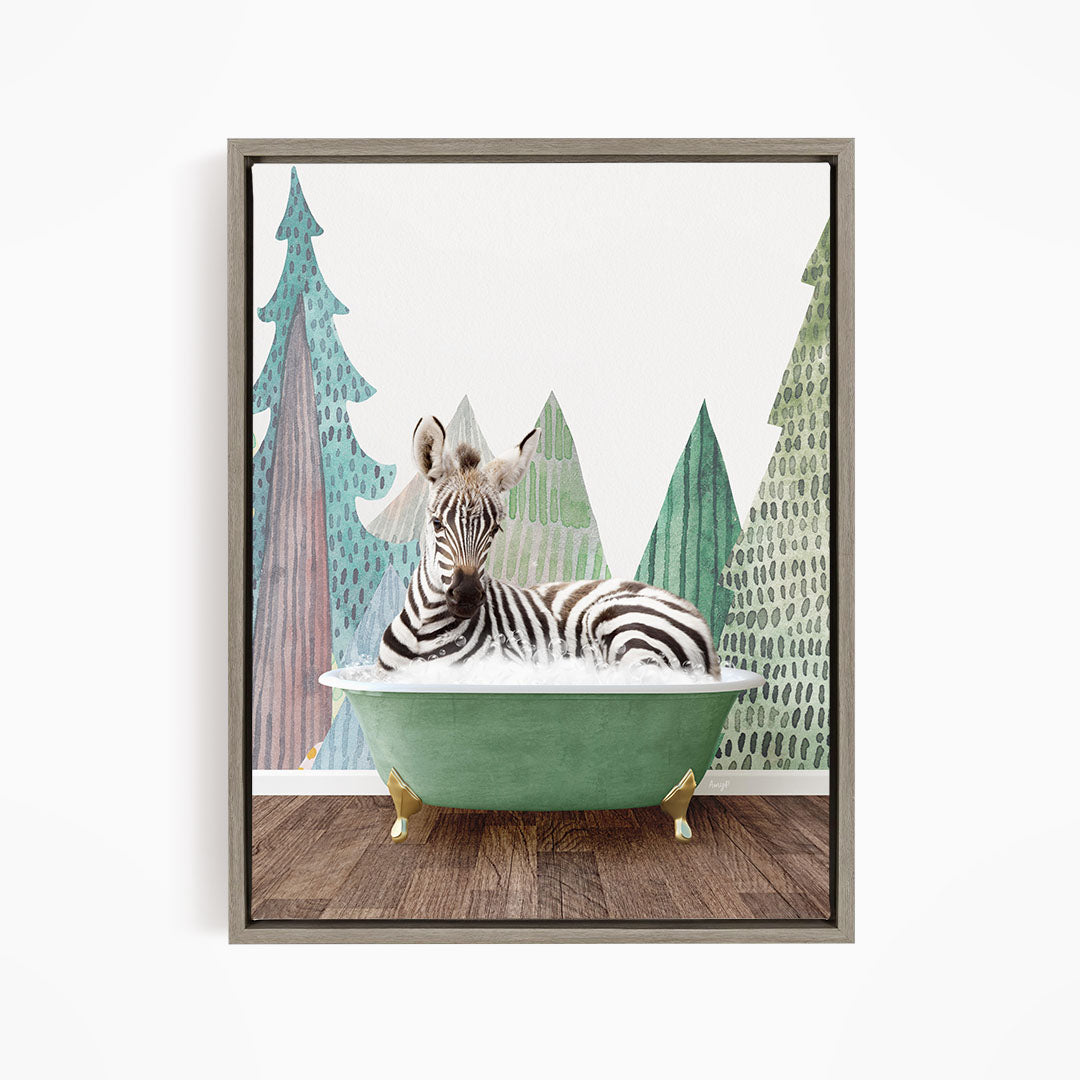 A zebra is sitting in a green bathtub, surrounded by a forest-themed background with trees and a snowy landscape.
