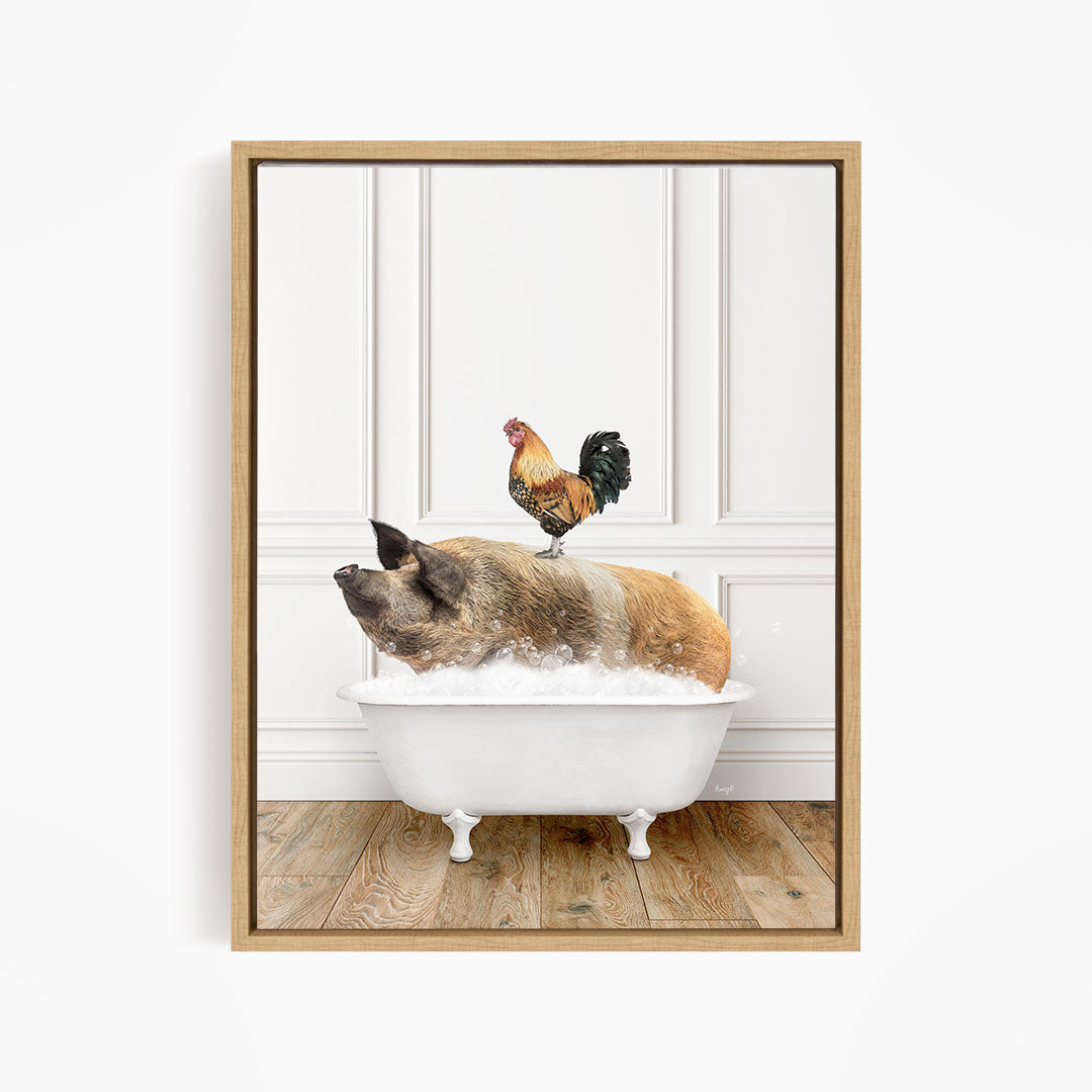A rooster sits atop a pig in a white bathtub, creating a whimsical and amusing scene.