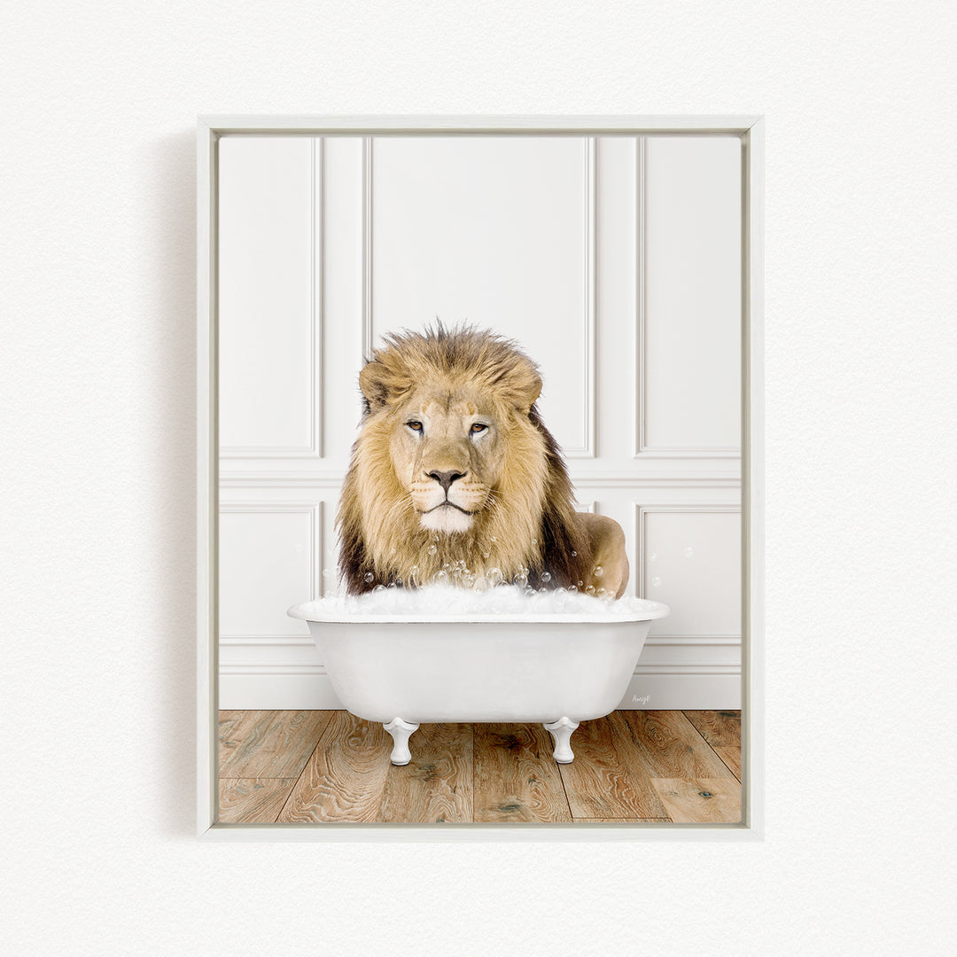 A lion sitting in a white bathtub filled with bubbles, looking directly at the camera.