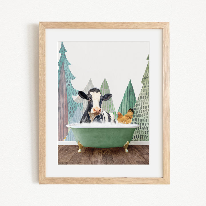 A black and white cow is sitting in a green bathtub, surrounded by a chicken and a tree, with a forest-like background.
