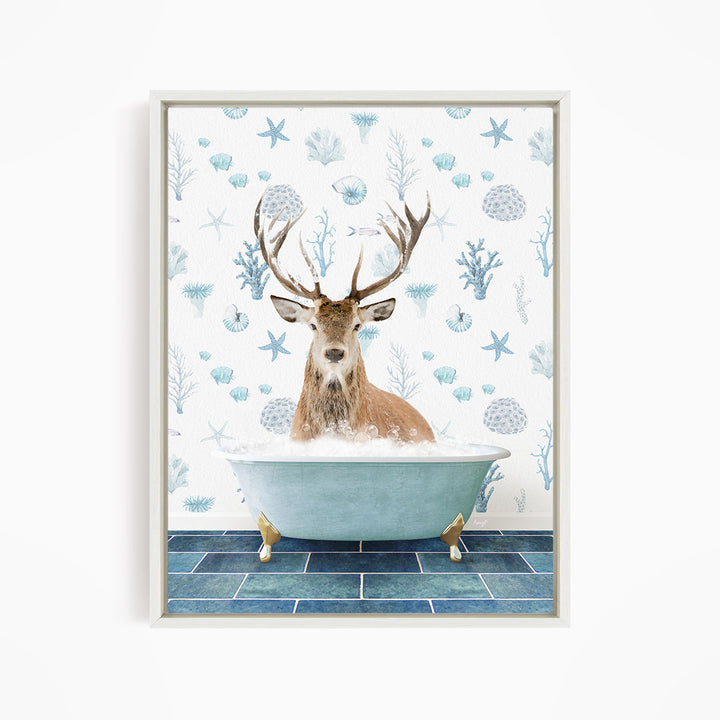 A deer with antlers is sitting in a bathtub filled with bubbles, surrounded by a pattern of blue and white seashells and starfish.