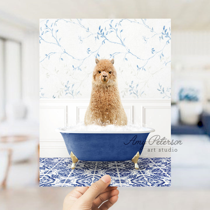 a person holding a card with a dog in a bathtub