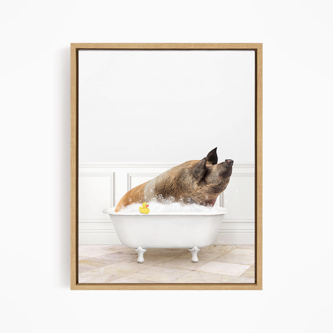 A brown dog is sitting in a white bathtub filled with water, with a yellow rubber duck floating nearby.