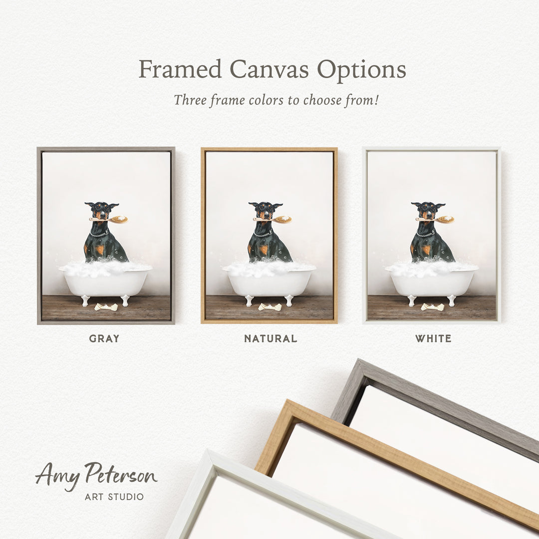 three framed canvas options for a picture of a dog sitting in a bathtub. The options include a gray frame, a natural frame, and a white frame.