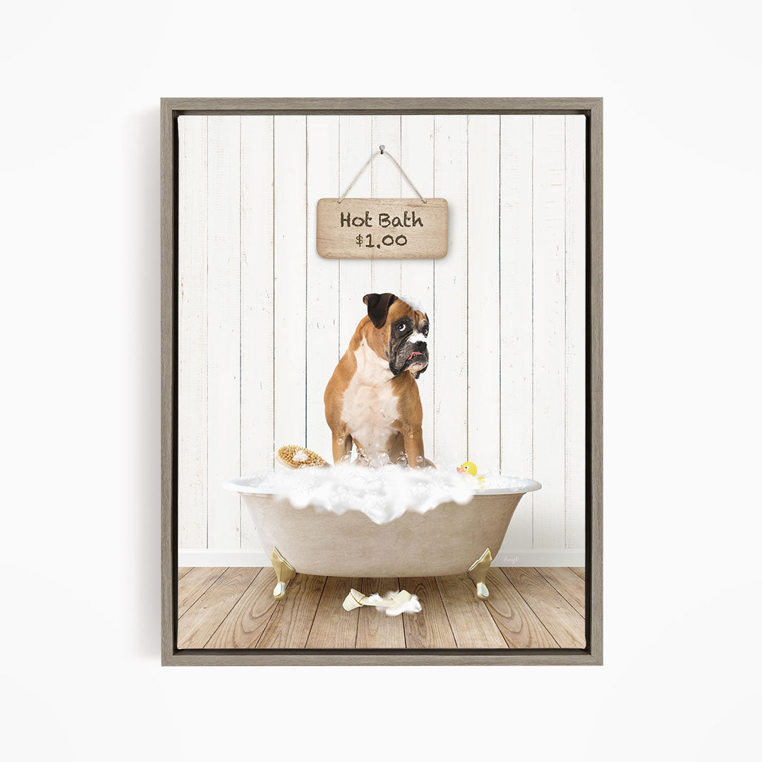 A brown and white dog sitting in a white bathtub filled with bubbles, with a sign above the tub indicating a hot bath for $1.00.