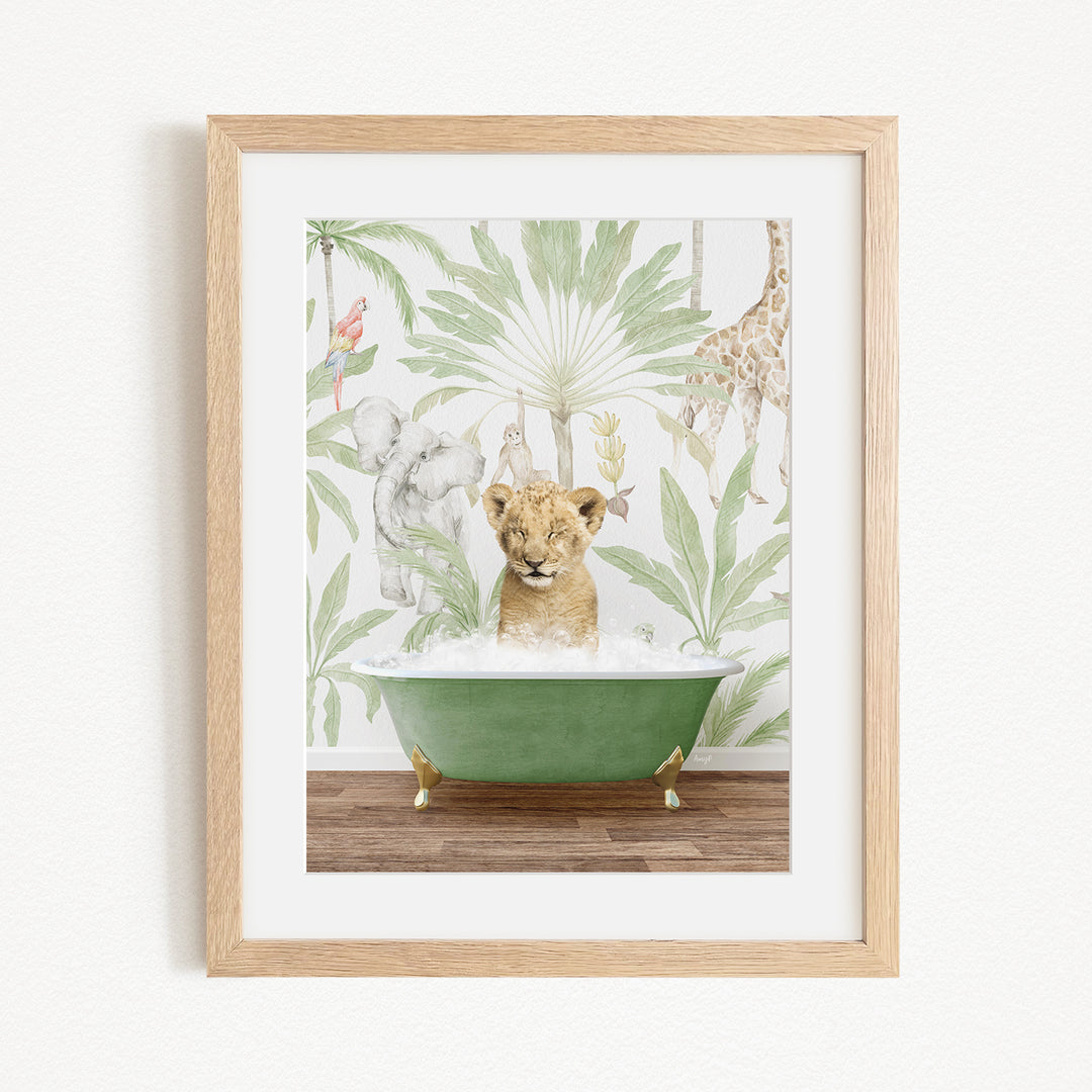 A young lion cub sitting in a green bathtub, surrounded by a tropical jungle wallpaper.