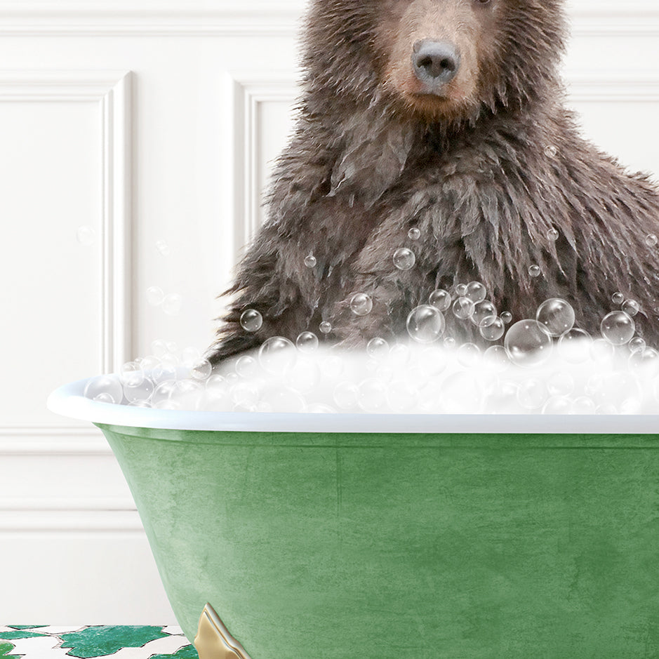 a brown bear sitting in a bathtub filled with bubbles