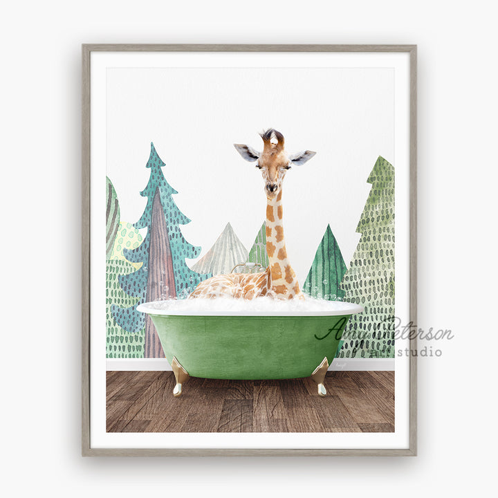 a picture of a giraffe taking a bath in a green tub