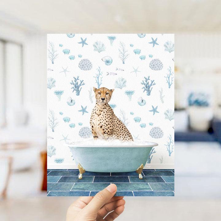 A cheetah sitting in a bathtub filled with bubbles, surrounded by a pattern of seashells, starfish, and other marine life.