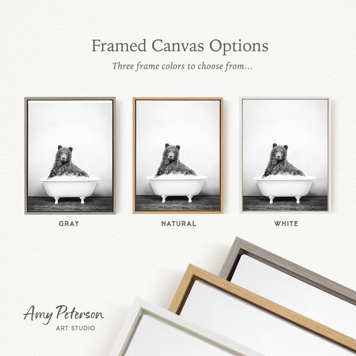 three framed canvas options, each featuring a black and white photograph of a bear sitting in a bathtub. The options include a gray frame, a natural frame, and a white frame.