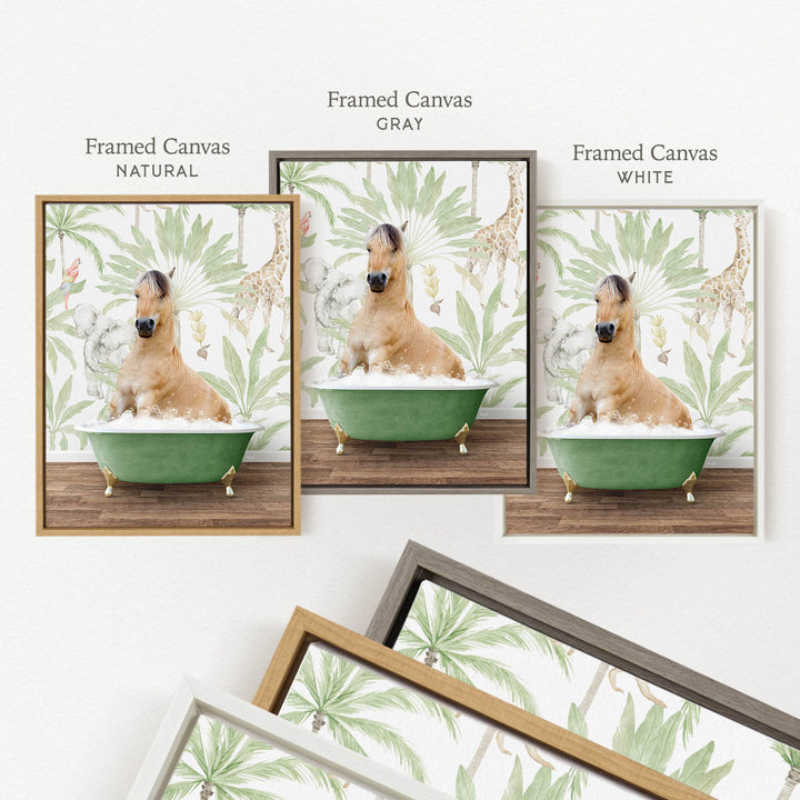 The image is a collage of three framed pictures, each depicting a brown horse sitting in a green bathtub surrounded by tropical plants. The first picture is labeled " Framed Canvas NATURAL", the second picture is labeled " Framed Canvas GREY", and the third picture is labeled " Framed Canvas WHITE".