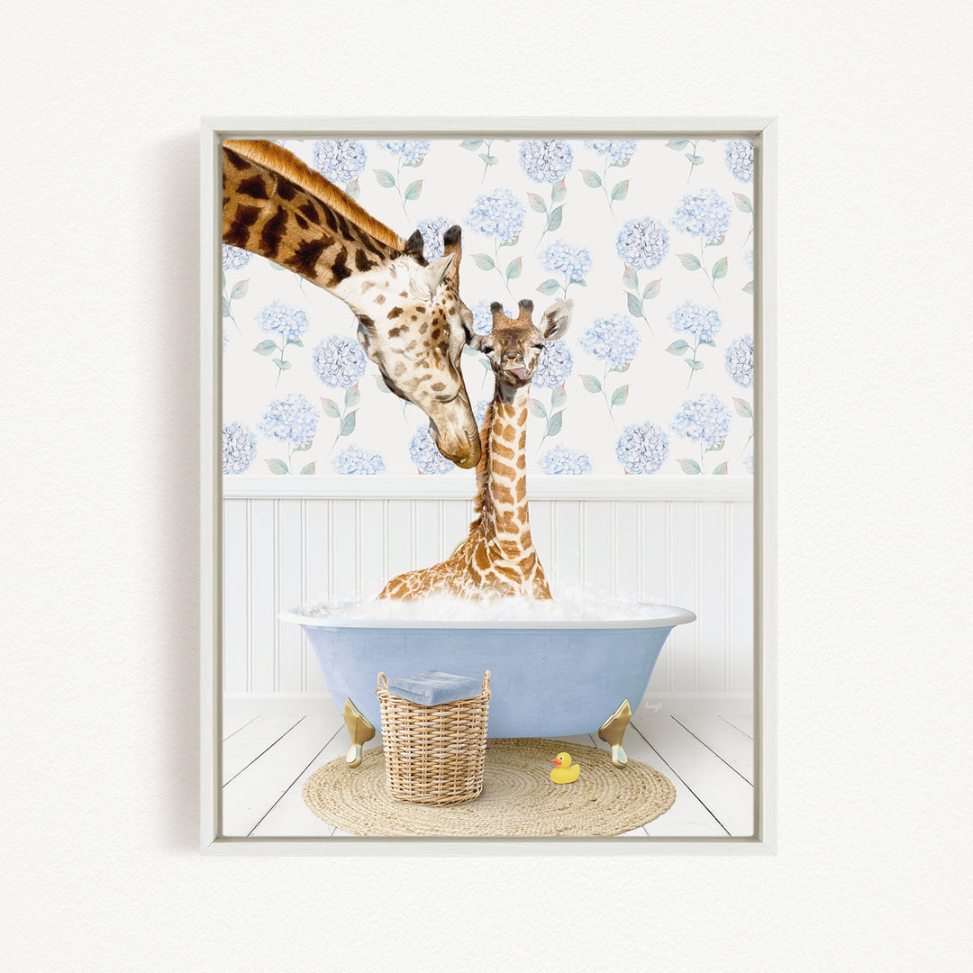 A mother giraffe and her baby giraffe are enjoying a relaxing bath in a blue tub, surrounded by a wicker basket and a yellow rubber duck.
