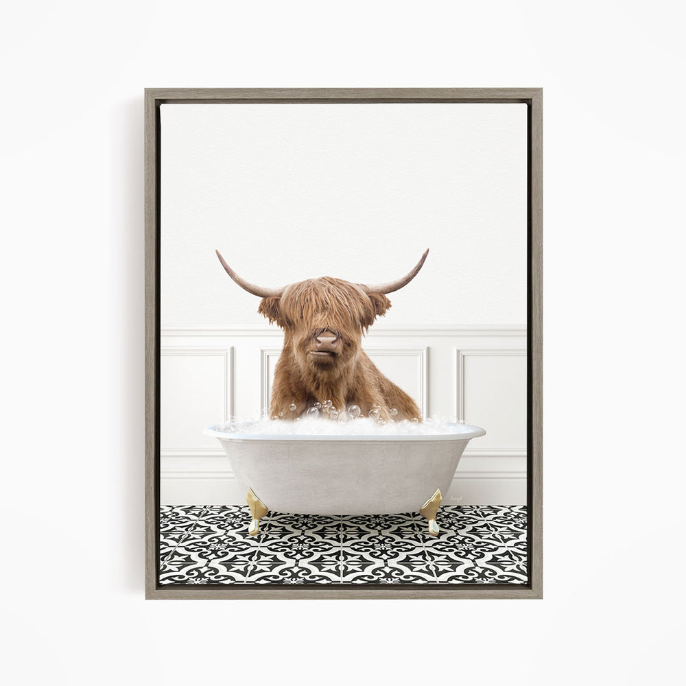 A Highland cow with shaggy brown hair is sitting in a white bathtub filled with water, with a black and white patterned floor beneath it.