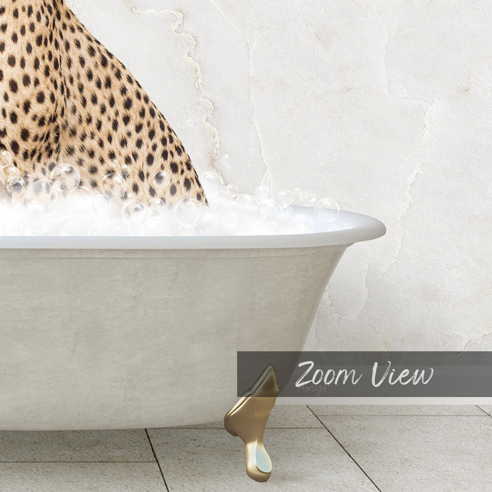 A leopard sitting in a bathtub filled with water, with a text overlay that reads "Zoom View".