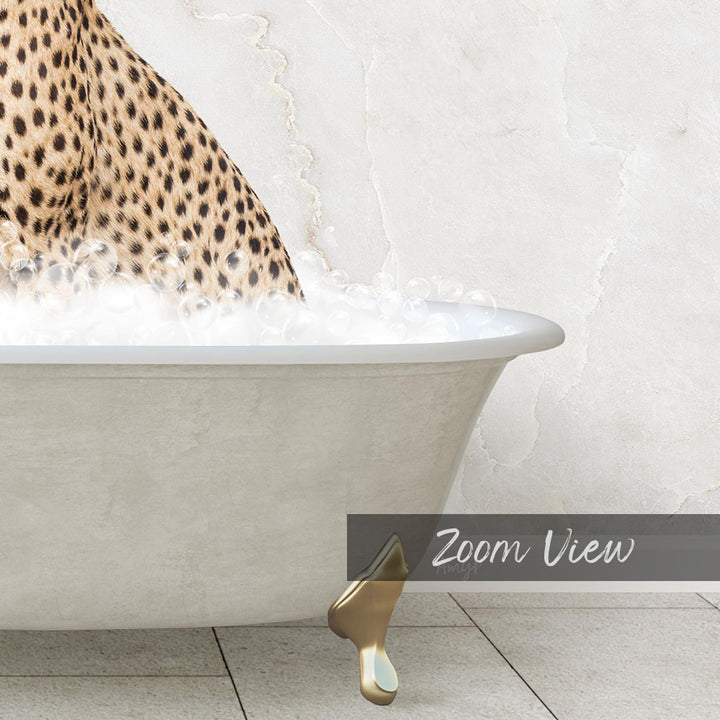 A leopard sitting in a bathtub filled with water, with a text overlay that reads "Zoom View".